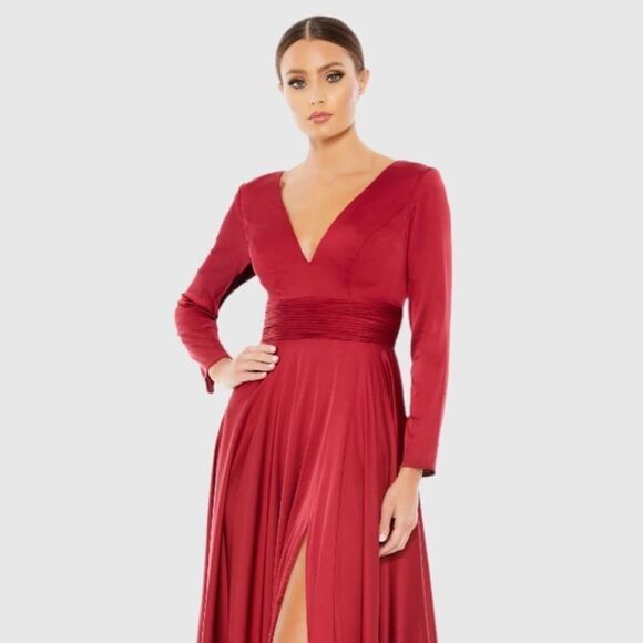 Ieena for Mac Duggal Red Long Sleeve Ruched Waist A-Line Gown Maxi Dress 10 NEW - Picture 9 of 13